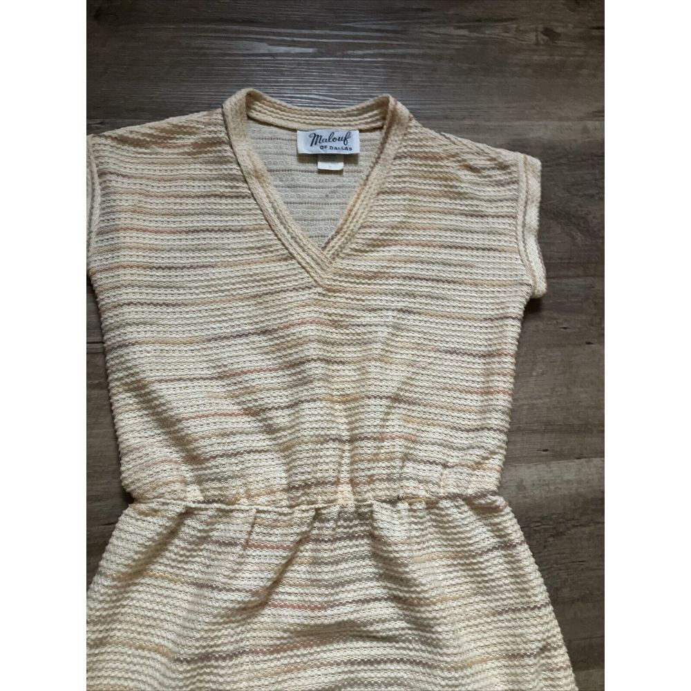 Vintage Malouf of Dallas Women Knit Midi Dress Striped V-Neck Elastic Waist Sz 8 - Picture 6 of 11